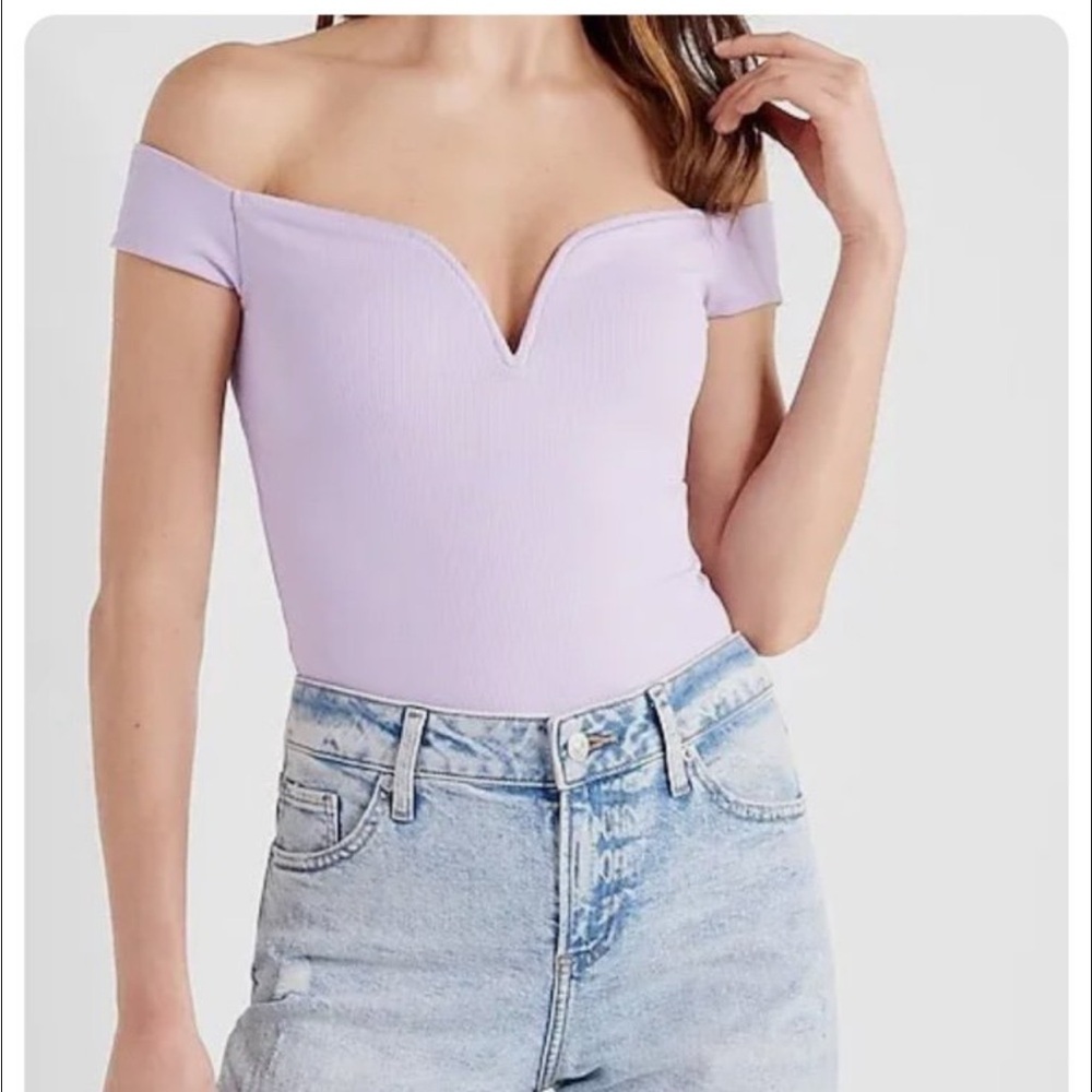 Express Lilac Body Contour Ribbed Off the Shoulder Thong Bodysuit size XS NWOT